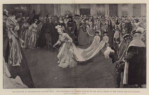 Hertuginnen av Devonshires kostymeball, prosesjonen av gjester som bøyer seg for Royal Group i White and Gold Saloon, 1897