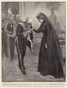 Kongens tiltredelse, dronning Margherita mottar Lord Mount-Edgcumbe, spesialutsendingen til det italienske hoffet av William Hatherell
