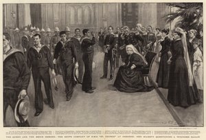 Dronningen og Benin-heltene, skipsselskapet til H M S St George i Osborne, Hennes Majestet avhører en såret sjømann