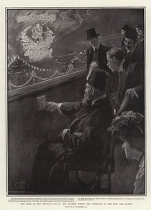 Sjahen ved Crystal Palace, Hans Majestet avfyrer portrettene av kongen og dronningen av William Hatherell