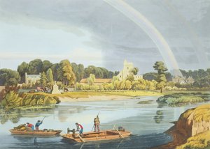 Staines Church with City Stone on Banks of the River, gravert av Robert Havell den yngre (1793-1878) utgitt 1818 (akvatint)
