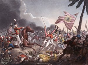 Slaget ved Assaye, 23. september 1803, gravert av J.C. Stadler, utgitt av Thomas Tegg, 1. april 1818 (farget akvatint)