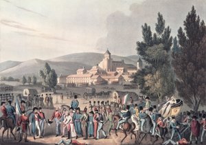 Slaget ved Vittoria, 1813, Bringing in the Prisoners, etset av I. Clarke, aquatinted av M. DuBourg (aquatint) av William Heath