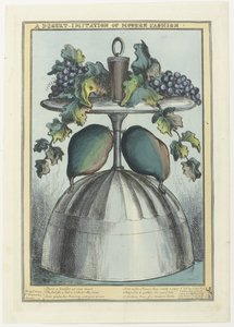 Omvendt coupe med kork, druer og ranker på foten og pærer på stilken A Desert - Imitation of Modern Fashion (tittel på objekt) av William Heath