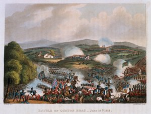 Slaget ved Quatre Bras 16. juni 1815, gravert av Thomas Sutherland, 1815 (farget akvatint) av William Heath