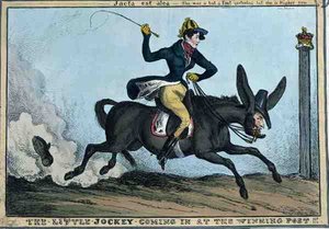 "The Little Jockey Coming in at the Winning Post!!!", ca. 1831 (farget etsning) av William Heath