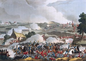 Sentrum av den britiske hæren i aksjon i slaget ved Waterloo, 18. juni 1815, akvatint av Sutherland, 1815 (farget akvatint)