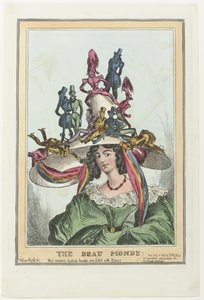 Kvinne med stor hatt som mannsfigurer sitter på The Beau Monde (tittel på objekt)