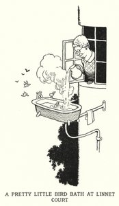 Et ganske lite fuglebad ved Linnet Court (litho) av William Heath Robinson