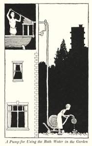 En pumpe for bruk av badevannet i hagen (litho) av William Heath Robinson