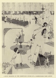 En travel morgen i det overdådige studioet til en fasjonabel hårkunstner av William Heath Robinson