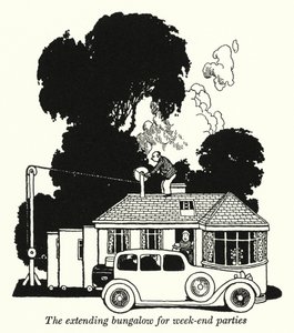 En utvidende bungalow for helgefester (litho) av William Heath Robinson