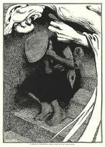 En ånd med skremmende aspekt steg opp av jorden (gravering) av William Heath Robinson