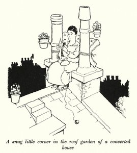 Et koselig lite hjørne i takhagen til et ombygd hus (litho) av William Heath Robinson