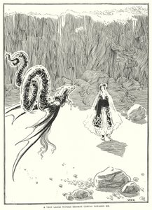 En veldig stor bevinget slange som kommer mot meg (gravering) av William Heath Robinson