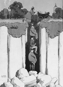 Act of Kindness, Thoughtfulness of Three Gentlemen in Assisting Lady over Chasm (penn og blekk, akvarell) av William Heath Robinson