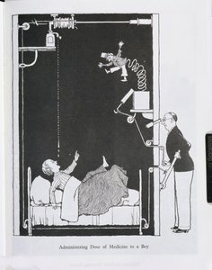 Administrere medisindose til en gutt, illustrasjon fra "Inventions" av William Heath Robinson