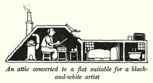 Et loft omgjort til en leilighet egnet for en svart-hvitt kunstner (litho) av William Heath Robinson