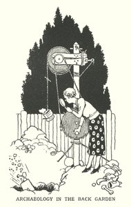 Arkeologi i bakhagen (litho) av William Heath Robinson