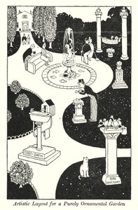 Kunstnerisk oppsett for en rent prydhage (litho) av William Heath Robinson