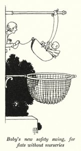 Babys nye sikkerhetshuske, for leiligheter uten barnehager (litho) av William Heath Robinson