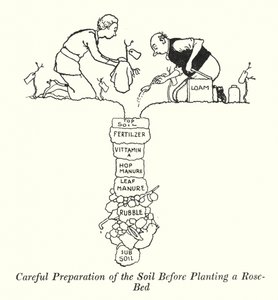 Nøye forberedelse av jorda før du planter et rosebed (litho) av William Heath Robinson