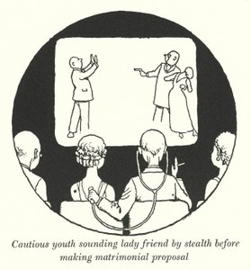 Forsiktig ungdom som lurer som en venninne ved sniking før du lager frieri (litho) av William Heath Robinson