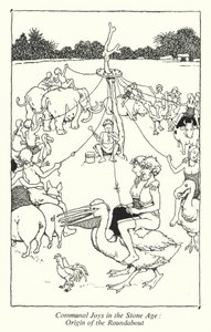 Felles gleder i steinalderen, opprinnelsen til rundkjøringen (litho) av William Heath Robinson