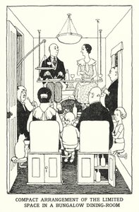 Kompakt arrangement av begrenset plass i en bungalow-spisestue (litho) av William Heath Robinson