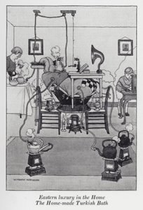 Østlig luksus i hjemmet, det hjemmelagde tyrkiske badet (litho) av William Heath Robinson