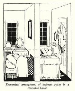 Økonomisk arrangement av soveromsplass i et ombygd hus (litho) av William Heath Robinson