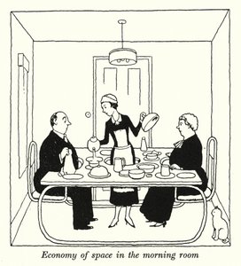 Plassøkonomi i morgenrommet (litho) av William Heath Robinson