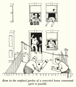 Selv i den innestengte hagen til et ombygd hus er felles sport mulig (litho) av William Heath Robinson