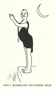 Gents badedrakt for kveldsklær (litho) av William Heath Robinson