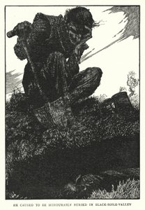 Han fikk hederlig gravlagt i Black-soile-dalen (litho) av William Heath Robinson