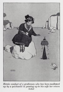 Heroisk oppførsel av en herre som har blitt slukt av et kvikksand ved å gi sin kone returbilletten hennes (litho) av William Heath Robinson