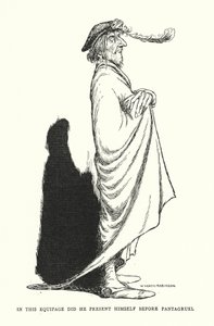 I denne ekvipagen presenterte han seg foran Pantagruel (litho) av William Heath Robinson