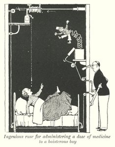 Genial list for å gi en dose medisin til en støyende gutt (litho) av William Heath Robinson