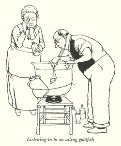 Lytte inn til en sykelig gullfisk (litho) av William Heath Robinson