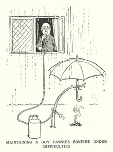 Opprettholde et Guy Fawkes-bål under vanskeligheter (litho) av William Heath Robinson