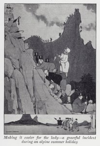 Gjør det lettere for damen, en grasiøs hendelse under en alpin sommerferie (litho) av William Heath Robinson