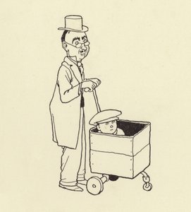 Mann dytter gutt i en boks av William Heath Robinson