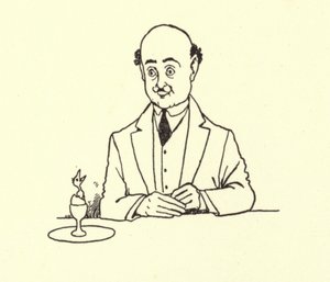 Mann overrasket av fugl i morgenegget sitt av William Heath Robinson