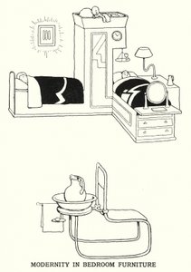 Modernitet i soveromsmøbler (litho) av William Heath Robinson