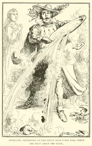 Petruchio, som lot som han fant feil med hver rett, kastet kjøttet på gulvet av William Heath Robinson
