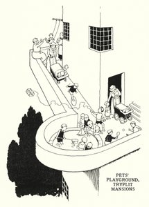 Kjæledyrs lekeplass, Tryplit Mansions (litho) av William Heath Robinson