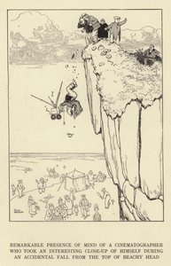 Bemerkelsesverdig tilstedeværelse av sinnet til en kinematograf som tok et interessant nærbilde av seg selv under et utilsiktet fall fra toppen av Beachy Head av William Heath Robinson