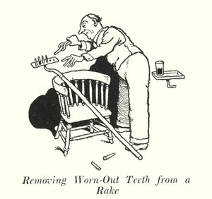 Fjerning av utslitte tenner fra en rive (litho) av William Heath Robinson