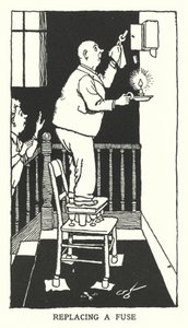 Bytte ut en sikring (litho) av William Heath Robinson