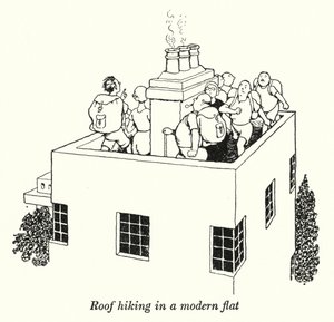 Takvandring i en moderne leilighet (litho) av William Heath Robinson